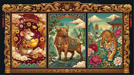 Obraz premium Chinese zodiac rat ox and tiger illustrations featured in ornate golden frames with traditional floral patterns