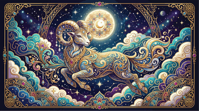 Majestic aries ram zodiac sign depicted with intricate gold patterns against a vibrant starry night sky
