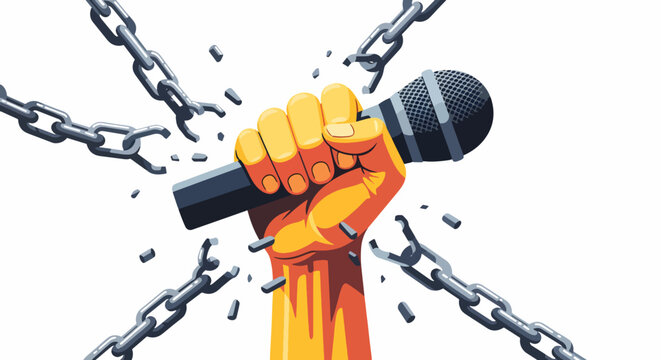 Illustration of a clenched fist holding a microphone with broken chains in the background, symbolizing freedom of speech in a bold graphic style with a powerful mood.