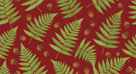 Seamless pattern of green fern leaves and acorns on a red background, vector illustration © Pecilia