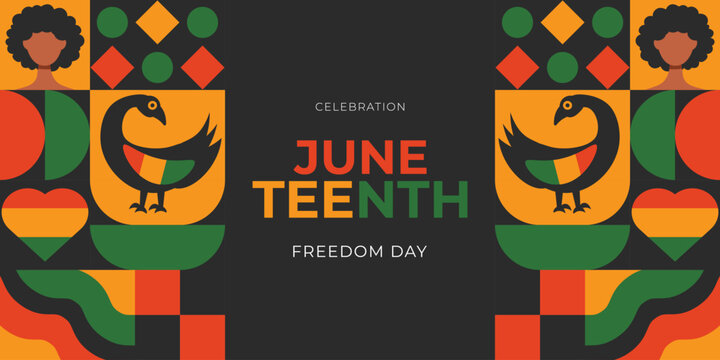 A modern vector banner for Juneteenth Freedom Day. Geometric vector design with symbolic birds, broken chains, and hearts.2.