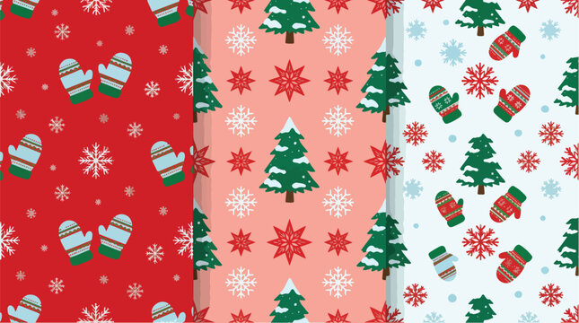 Three colorful christmas seamless patterns featuring green pine trees snowflakes and cozy winter knitted mittens