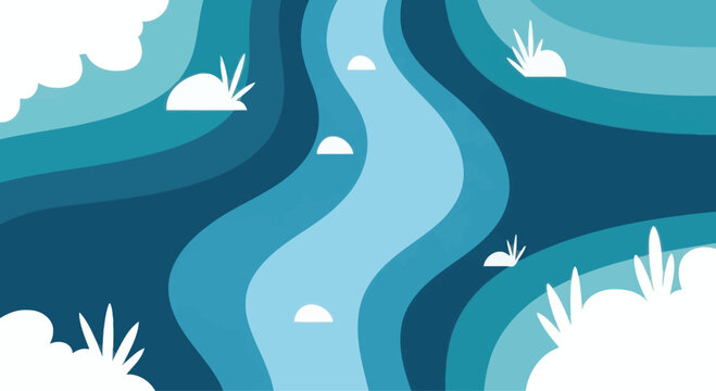 Abstract flowing river with wavy blue layers and white stylized plants and clouds, flat design graphic.