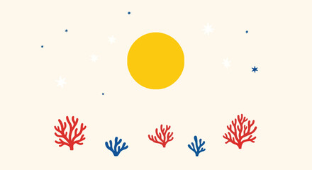 Whimsical flat design vector illustration of a yellow sun and coral reef elements © siti