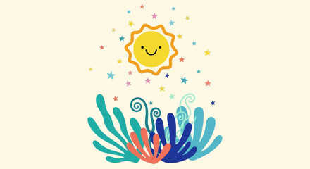 Cartoon sun with coral reef and stars on beige background, vector illustration © saefullohyusuf