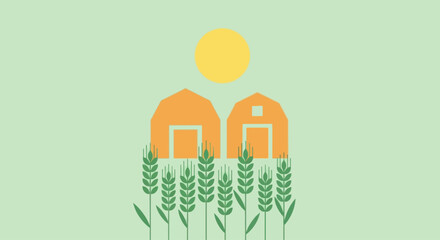 Farm scene with barns and wheat under the sun, flat vector illustration © saefullohyusuf