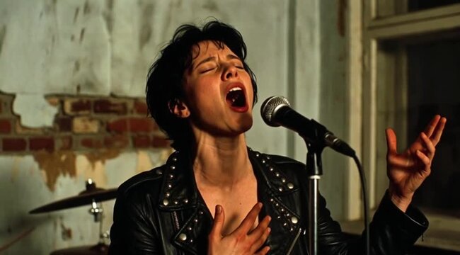 Young female singer with leather jacket performing