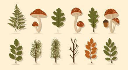 Autumn forest elements set with mushrooms, leaves and pine branches, flat vector illustration © siti