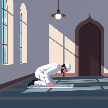 Vector illustration of a Muslim man wearing a white thobe and prayer cap, performing sujud prostration on a rug inside a mosque with sunlight streaming through arched windows.