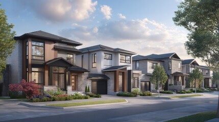 Obraz premium Modern suburban houses lined up on a street under a partly cloudy sky during daytime.