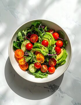 A bowl of fresh salad with tomatoes and avocado on a marble surface