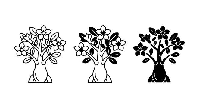 Desert Rose Tree Icons, Blooming Plant Vector Graphics, Stylized Floral Elements, Botanical Art Set