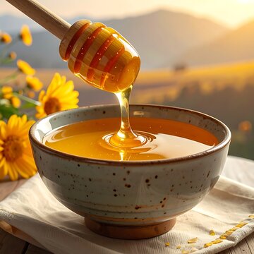 A bowl of honey with a honey dipper