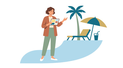 Fototapeta premium Woman Using Digital Tablet for Vacation Planning on a Tropical Beach.