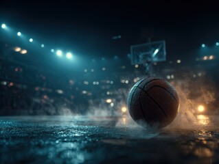 Fototapeta premium Basketball resting on wet court surface with dramatic lighting and blurred background of an indoor arena during a game night atmosphere