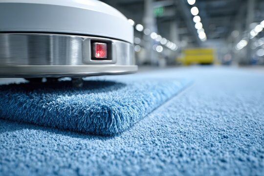 Robotic vacuum cleaner with a blue cleaning pad operates on a textured blue carpet in a modern indoor environment with blurred background elements