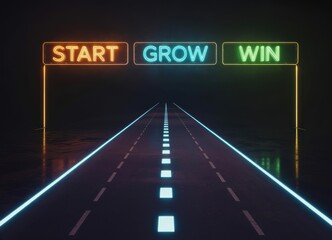 Obraz premium Road with neon signs START GROW WIN and glowing lines