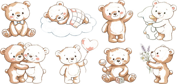 Cute Hand Drawn Teddy Bear Cartoon Character Vector Set with Little Bears Sleeping Hugging Waving Holding Balloon and Playing with Baby Toys