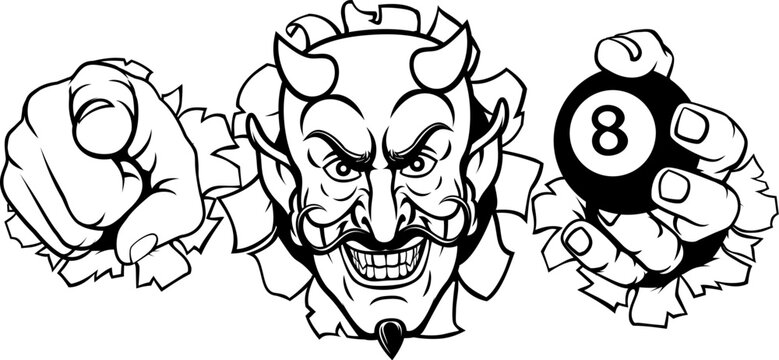 A devil man holding billiards pool 8 black ball, breaking through the background and pointing sports team mascot illustration.