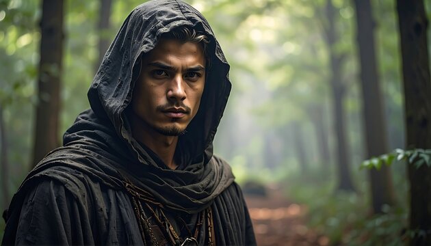 Mysterious man in dark hooded cloak.