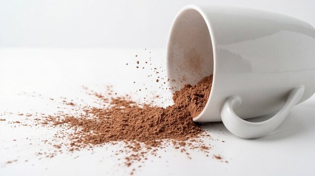 Chocolate powder spills from an overturned white mug, creating a mess on a white surface