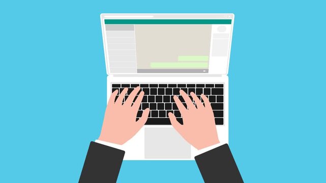 Animated video in cartoon style of hand typing on a laptop keyboard with chat message app display on screen.