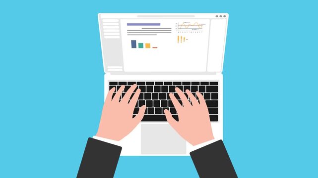 2D Motion graphics of characters hand typing on a laptop keyboard with data animated scenes display.