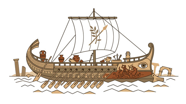 Ancient Greek Trireme Warship Illustration with Oars, Sails, and Pottery