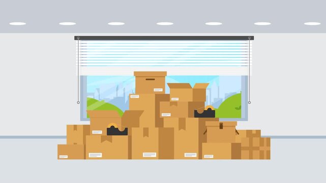 Animated of boxes parcels falling stack onto the floor with office background cartoon style.