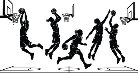 Dynamic silhouettes of basketball players in action poses showcasing dribbling, dunking, shooting, and jumping movements on a competitive court scene © SreeAuchintoKumar