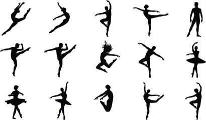 Elegant silhouettes of dancers performing ballet and contemporary movements including leaps, pirouettes, arabesques, and graceful extensions in motion © SreeAuchintoKumar