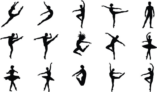 Elegant silhouettes of dancers performing ballet and contemporary movements including leaps, pirouettes, arabesques, and graceful extensions in motion