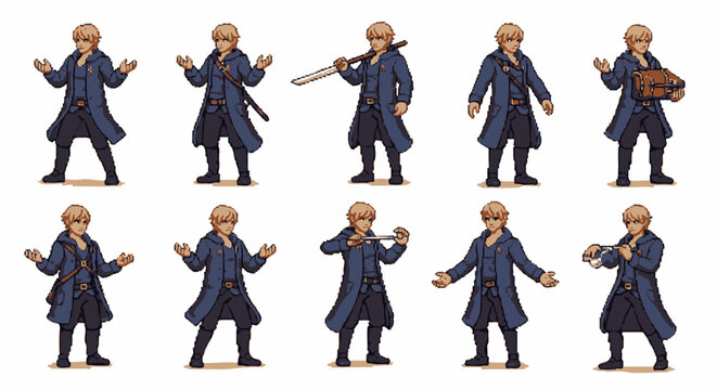 Anime style male character sprite sheet in blue.