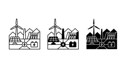 Fototapeta premium Renewable Energy Icons Set: Solar, Wind, Battery, Industry, Clean Power Generation, Sustainable Future Concepts