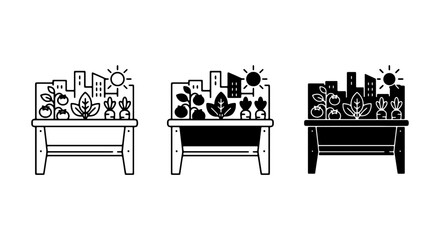 Naklejka premium Urban Gardening Icons: Cityscape Planter Bench, Sustainable Living, Green City Concepts, Vector Elements