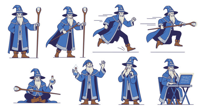 Cartoon wizard character poses for fantasy themed designs.