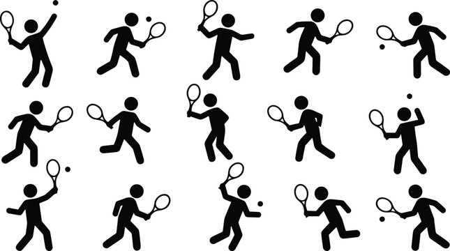 Minimalist silhouettes of tennis players performing serves, forehands, backhands, and dynamic motions with rackets and balls in athletic action