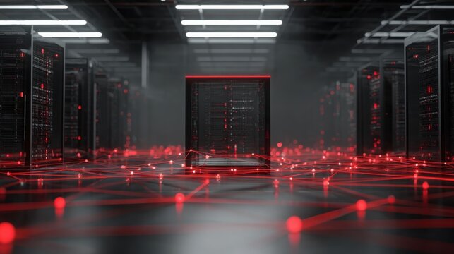 Interconnected network of glowing red nodes pulsing with data around a central server in a futuristic digital space
