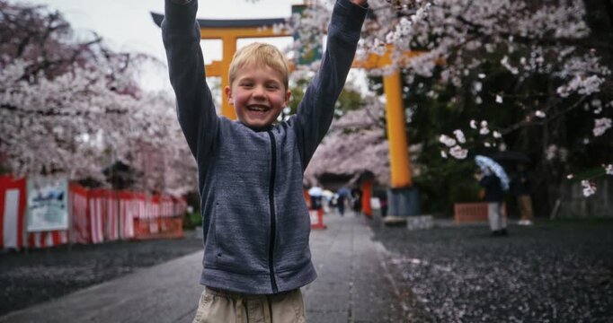 Happy blond boy standing on path in front of torii gate with surrounding spring cherry blossoms - medium shot