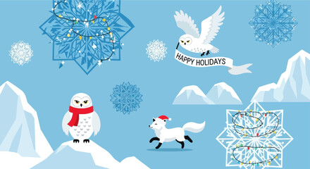 Cartoon arctic animals and snowflakes with holiday lights on a blue background © slamet