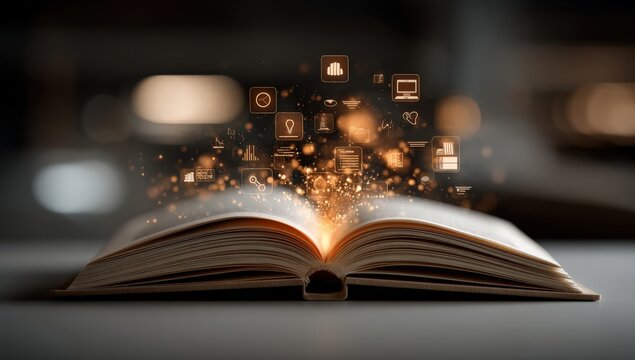 Open book with glowing pages and floating digital icons representing knowledge, technology, and information in a softly lit environment