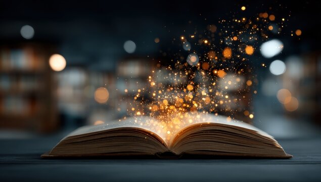 Open book with glowing particles emerging from its pages, set against a blurred library background filled with shelves of books and warm lighting