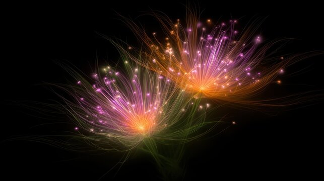 Two vibrant fractal patterns blooming like cosmic flowers with glowing light and intricate details