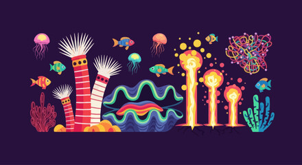 Vector illustration of diverse underwater coral reef elements and marine life in a flat graphic style. © sye