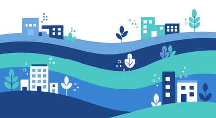 Naklejka premium Colorful flat design buildings on wavy blue and green background vector illustration