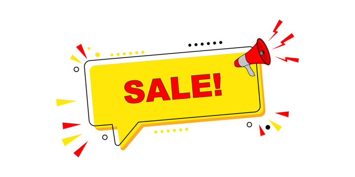 Sale speech bubble with megaphone, promotion banner for discounts and special offers.