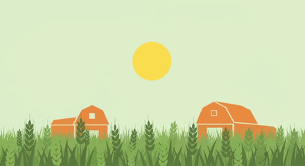 Farm landscape with barns and sun, vector illustration © sye