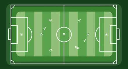 Vector illustration of a flat design soccer field with white markings and goals, isolated on a dark green background. © sye