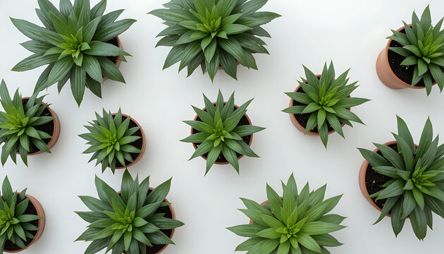 Succulents in terracotta pots on white background, overhead view plants green leaves