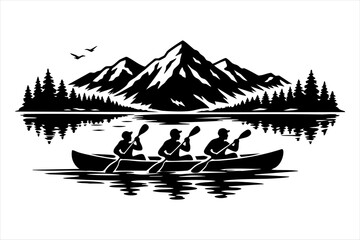Group of three people kayaking in mountain lake landscape scenery with kayaking mountains paddling adventure © MD JAHID